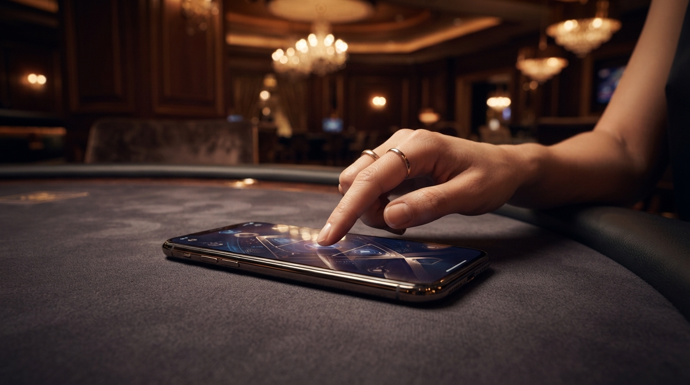 Bedste online casino uden om ROFUS (2026) — En poleret telefon viser et abstrakt spilpanel på et mørkt filtdug med et strejf
