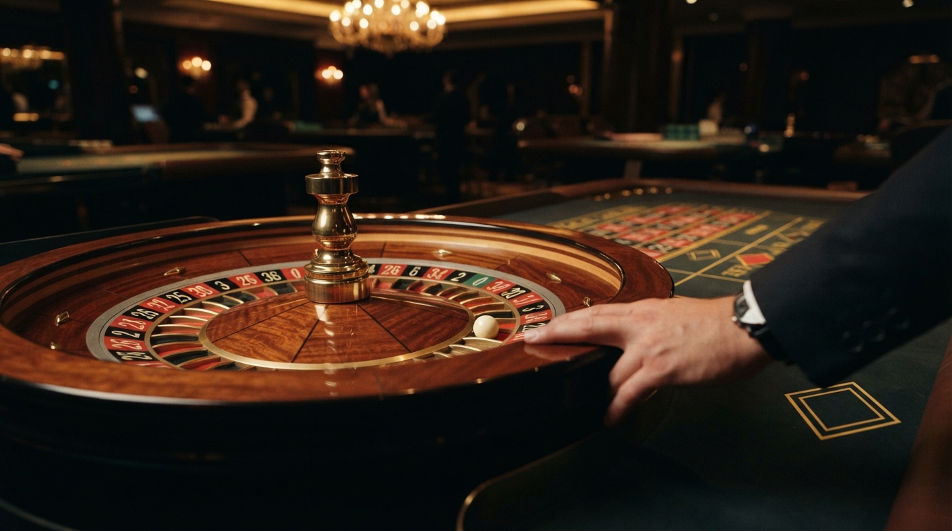 Bedste online casino uden om ROFUS (2026) — Et roulettehjul med den glinsende kugle parkeret i et af de dybe furer, oplyst a