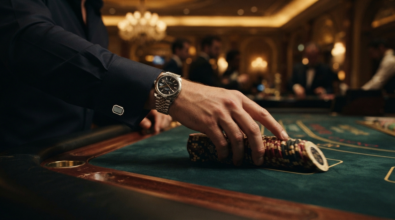 Bedste online casino uden om ROFUS (2026) — En stak dybe, tunge jetoner, der skubbes hen over et rigt, grønt bord, tæt på ka