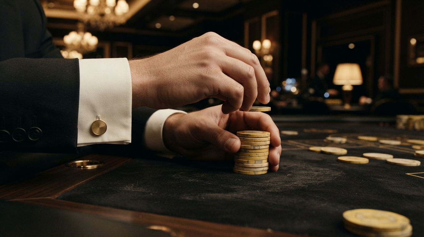 Køb krypto casino: Din guide til valget — Hænder iført diskret manchetknap stabler gulnede jetoner på et sort filt.