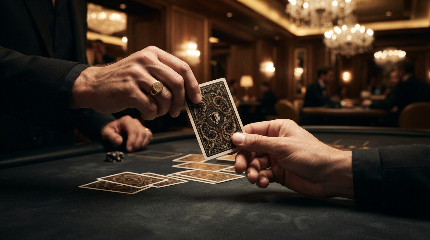Køb krypto casino: Din guide til valget — Et spilkort med elegant bagside ses i en ryg, mens en anden hånd griber det.