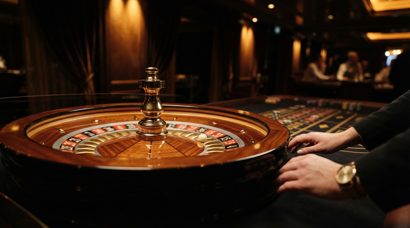 Køb krypto casino: Din guide til valget — Et roulettehjul i messing glimter med bolden i sporet, oplyst af varmt, dramatis