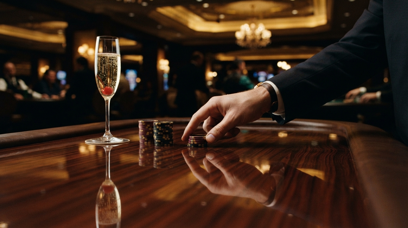 Casino bonus uden indbetaling uden ROFUS — Champagneglas-refleksioner på et poleret bord med en bunke jetoner og en diskret