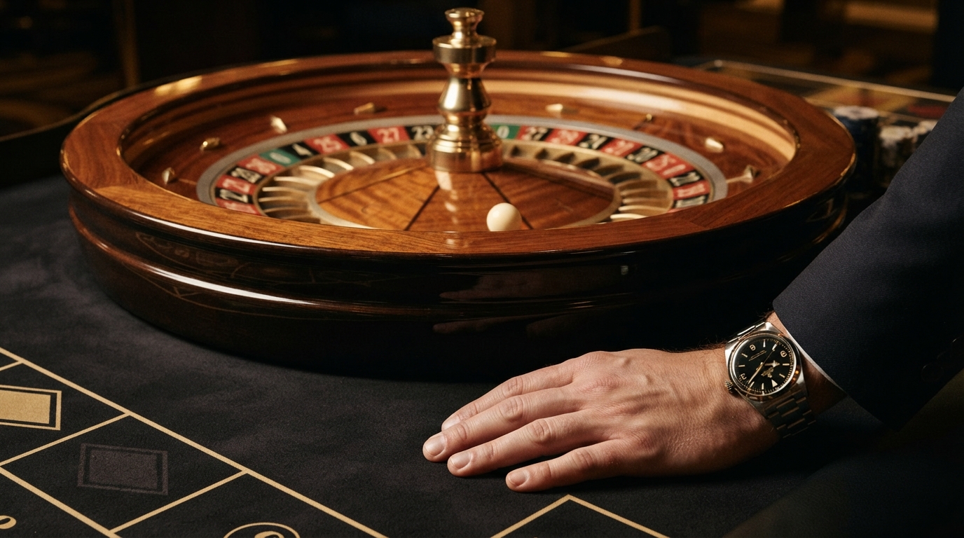 Casino bonus uden indbetaling uden ROFUS — En rulle roulette-kugle fanget i sporet, med et svagt glimt af et dybt sort filt