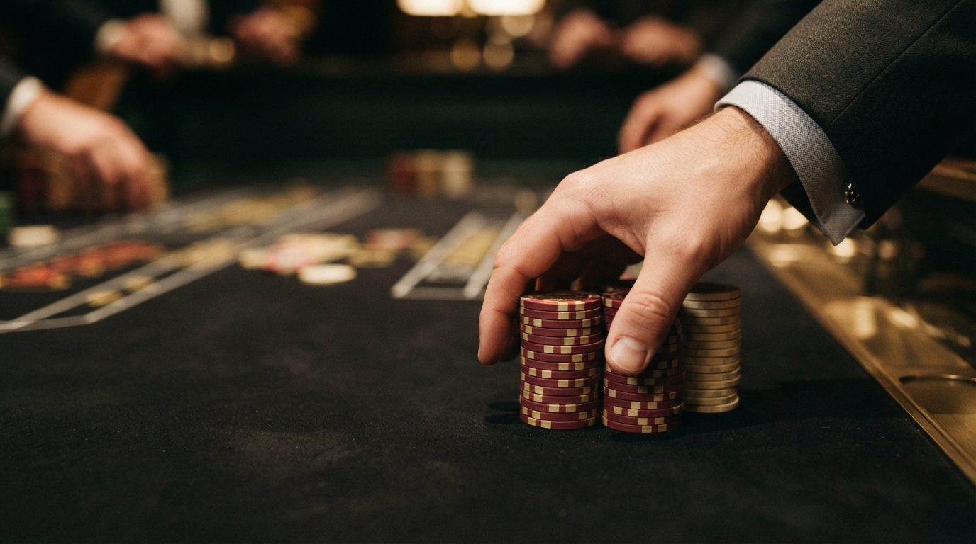 Casino sider med free spins uden om ROFUS — Dobbelte jetoner stablet mod dybsort filt, en hånd i manchet skubber dem let.