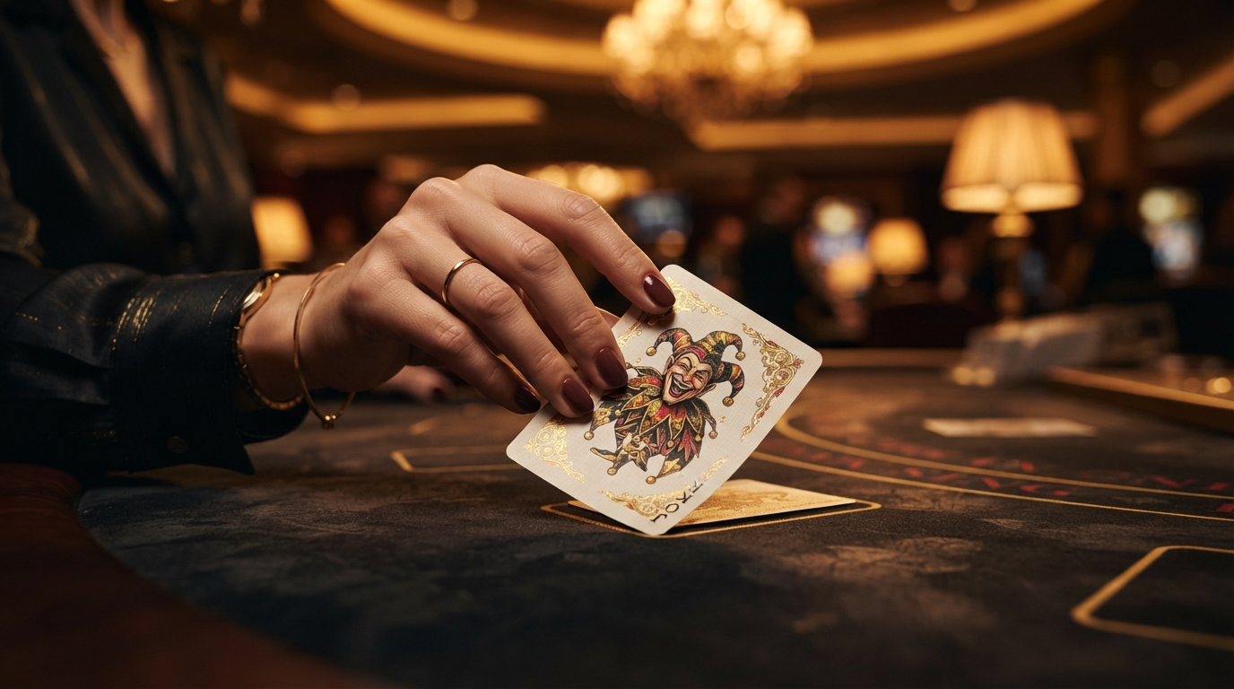 Casino sider med free spins uden om ROFUS — En elegant hånd vender et joker-kort, dets mønster reflekterer varmt lys.