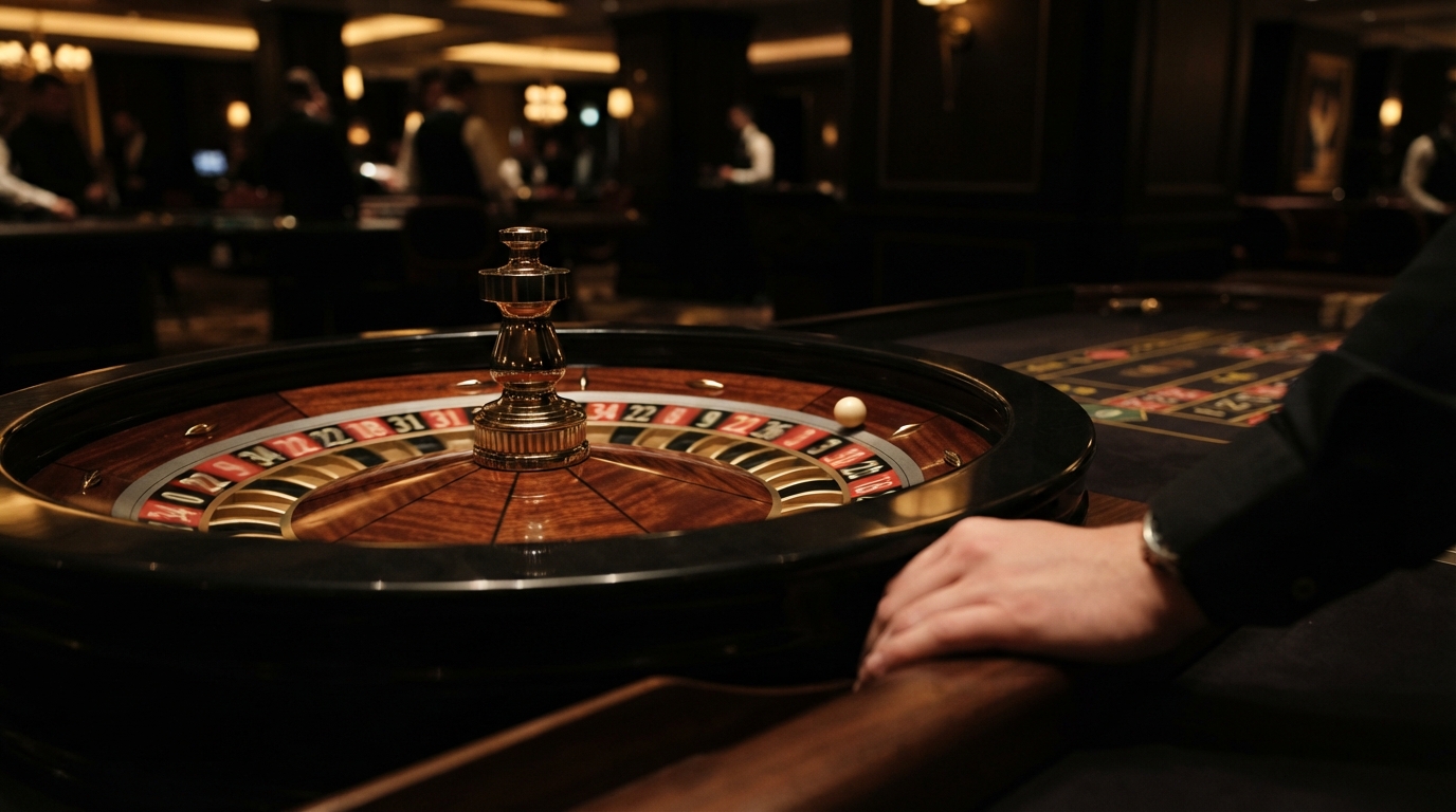 Casino sider med free spins uden om ROFUS — Et roulette-hjul med kuglen i sporet, en dyb skygge kaster et gyldent skær.
