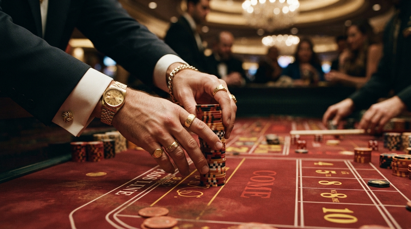 Bedste online casino uden om ROFUS — Hænder i manchetknapper og guldkæder skubber et tårn af jetoner på rød filtbord.