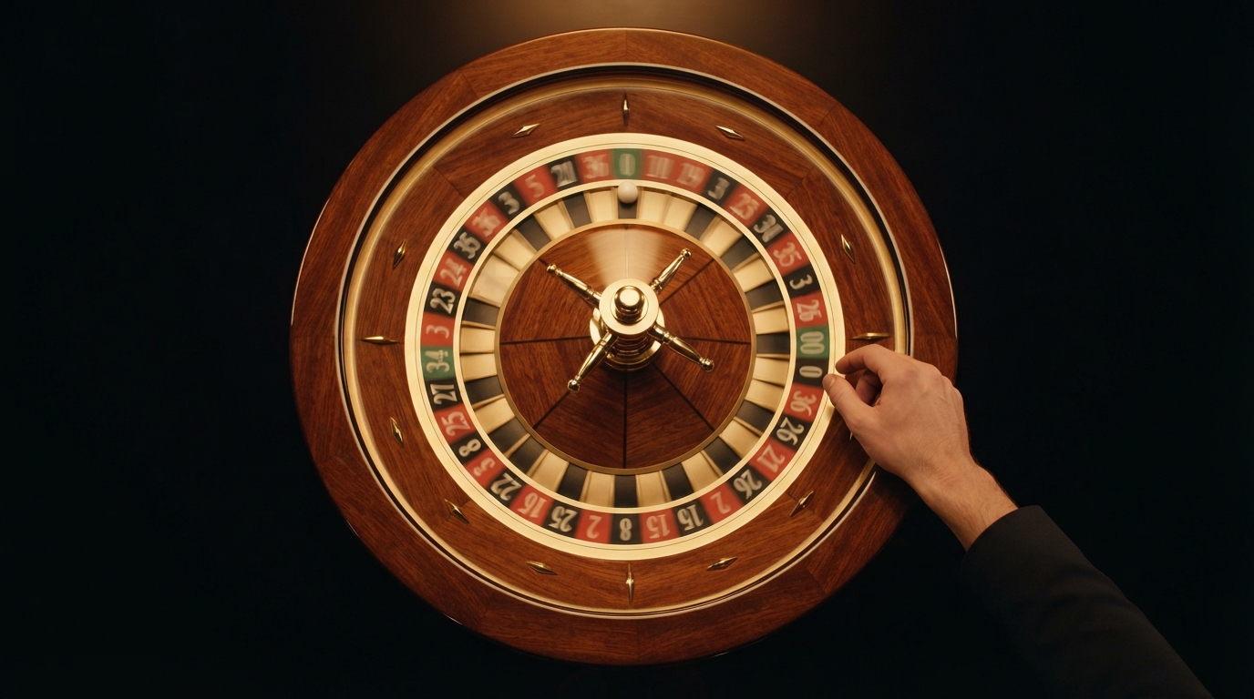 Bedste online casino uden om ROFUS — Top-down makro af et roulettehjul med en kugle i bevægelse, centreret over en bl