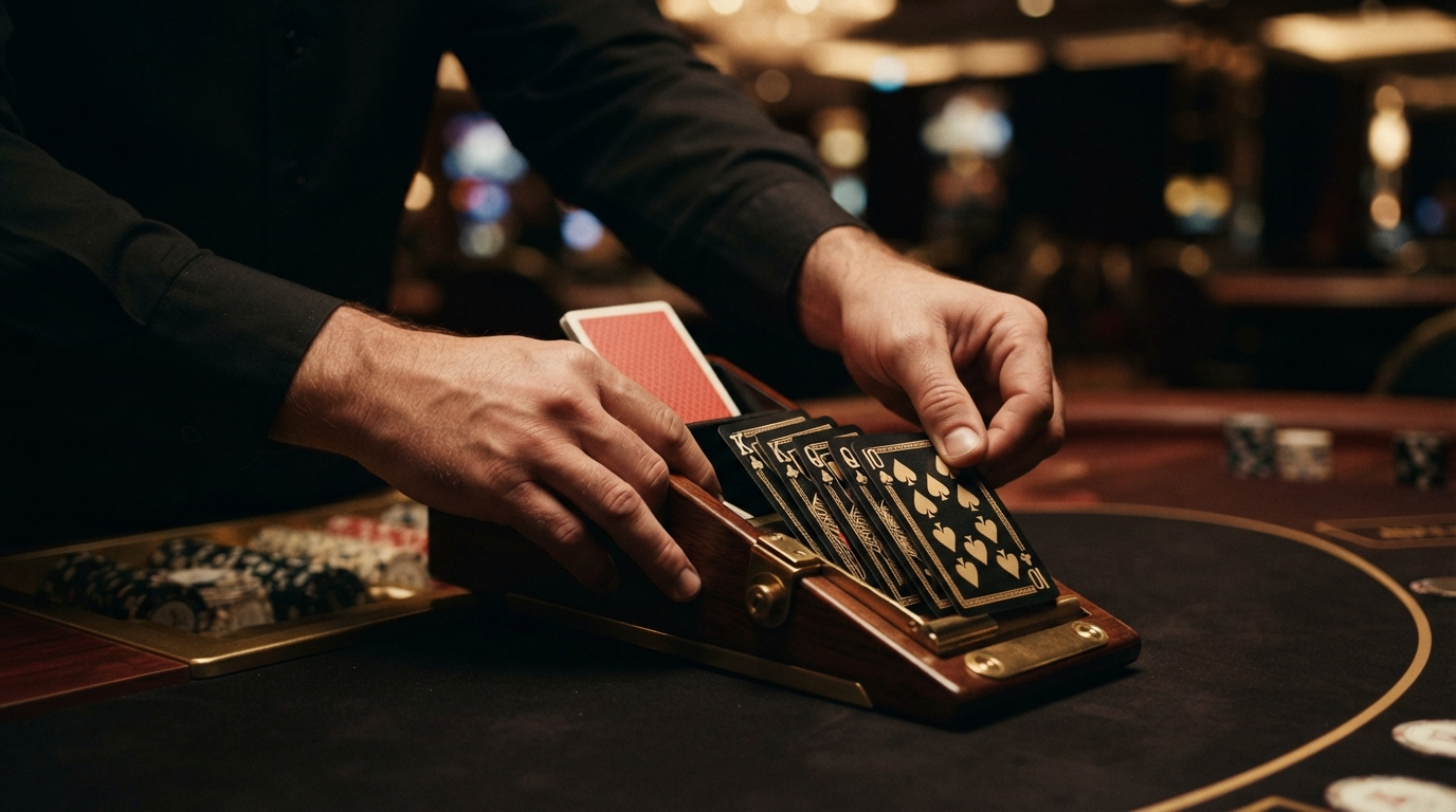 Bedste online casino uden om ROFUS — Forstenet pokerhånd, flettet i en kortsko med et cut-kort, belyst af dramatisk a